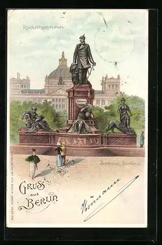 Lithographie Berlin, Reichstagsgebäude und Bismarck-Denkmal