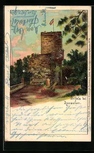 Lithographie Trifels bei Annweiler, Turm mit Gedenkstein