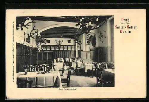 AK Berlin, Gasthaus Kaiser-Keller, Der Hubertussaal, Innenansicht
