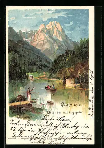 Künstler-AK Karl Heinisch: Garmisch, Risser-See mit Zugspitze