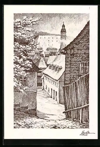 Künstler-AK Schneeberg, Blick über Wohnhäuser auf die St. Wolfgangs-Kirche