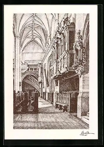 Künstler-AK Schneeberg, Kirchgang in der St. Wolfgangs-Kirche
