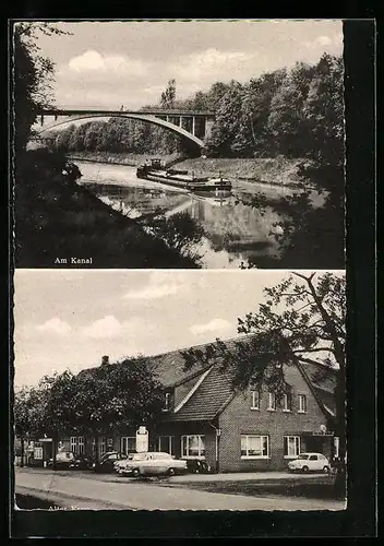 AK Niedernwöhren /Schaumburg-Lippe, Gasthaus Alter Krug, Strassenpartie mit Wohnhaus und am Kanal