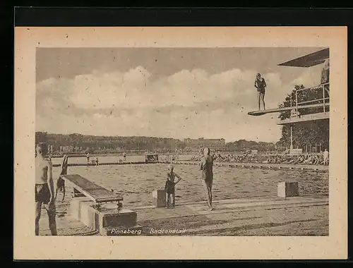 AK Pinneberg, Badegäste in der Badeanstalt mit Sprungturm