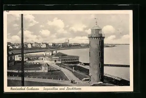 AK Nordseebad Cuxhaven, Seepavillon und Leuchtturm