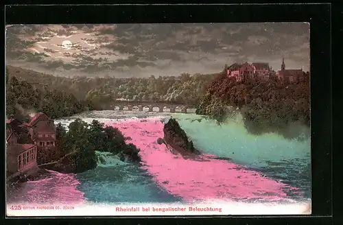 AK Rheinfall bei bengalischer Beleuchtung