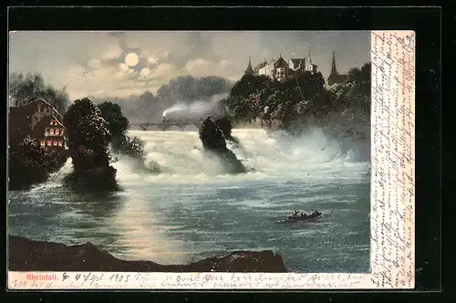 AK Rheinfall bei Mondschein mit Blick zum Schloss Laufen
