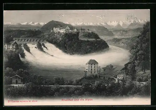 AK Rheinfall und die Alpen