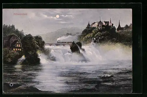 AK Rheinfall mit Blick zum Schloss Laufen bei Mondschein