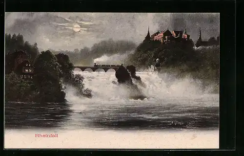 AK Rheinfall und Schloss Laufen bei Mondschein