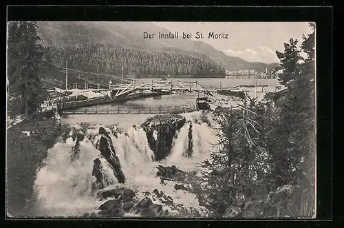 AK St. Moritz, Blick auf den Inn - Wasserfall