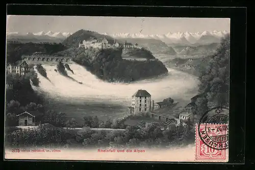 AK Rheinfall und die Alpen