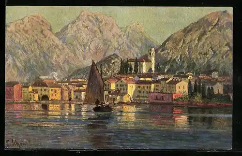 Künstler-AK Torbole, Ortsansicht am Garda-See