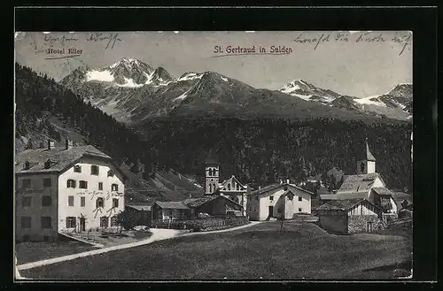 AK St. Gertraud in Sulden, Ortsansicht mit Hotel Eller