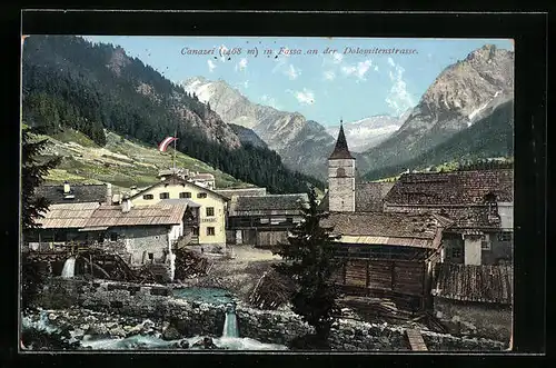 AK Canazei in Fassa, Ortsansicht an der Dolomitenstrasse