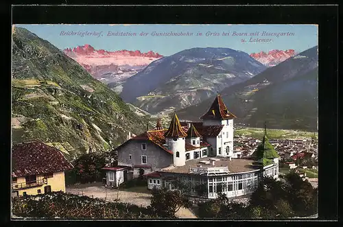 AK Gries, Reichrieglerhof, Endstation der Guntschnabahn mit Rosengarten und Latemar