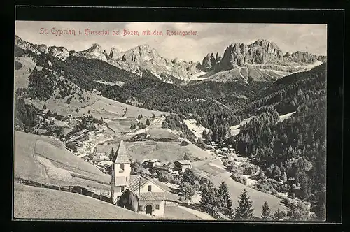 AK St. Cyprian im Tiersertal, Totalansicht mit dem Rosengarten