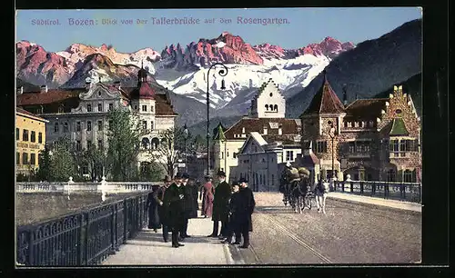 AK Bozen, Blick von der Talferbrücke auf den Rosengarten