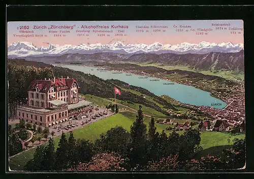 AK Zürich, Hotel Zürichberg mit See und Gebirgskette