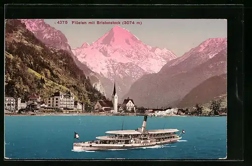 AK Flüelen, Gesamtansicht mit Bristenstock und Dampfer Uri