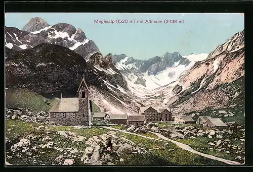AK Meglisalp, Ortspartie mit Gasthaus und Kirche am Altmann