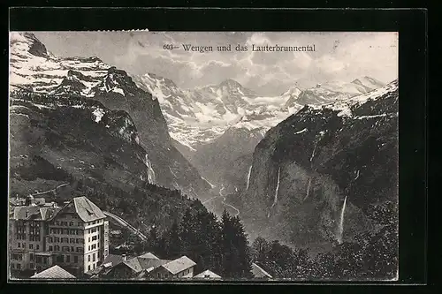 AK Wengen, Ortsansicht mit Blick in das Lauterbrunnental