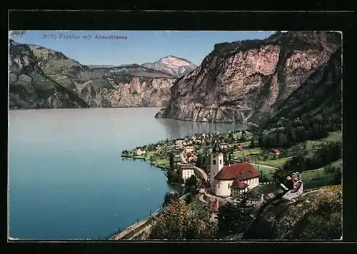 AK Flüelen, Totale mit Axenstrasse vom Berg aus gesehen