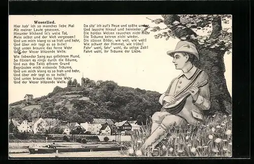 AK Vlotho a. d. Weser, Amthausberg - Mann mit Instrument spielt das Weserlied