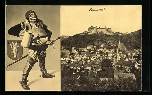 AK Kulmbach, Ortsansicht und alter Ritter mit Bierkrug