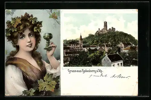 AK Godesberg a. Rh., Ortsansicht und Mädchen mit Weinglas