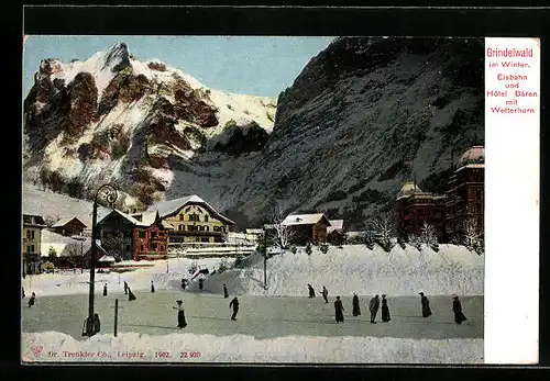 AK Grindelwald im Winter, Eisbahn und Hotel Bären mit Wetterhorn