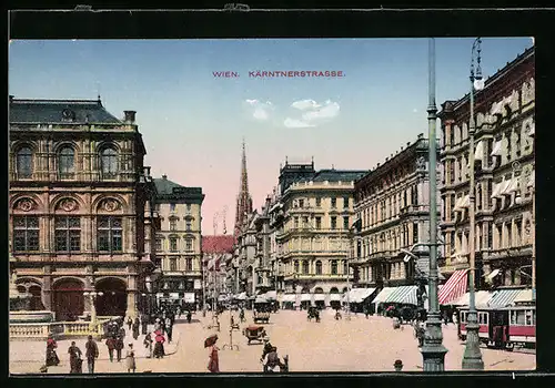 AK Wien, Kärntnerstrasse mit Geschäften und Strassenbahn