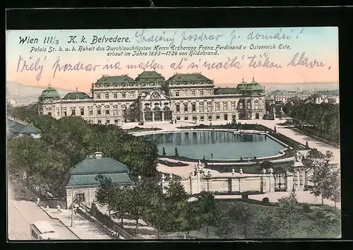 AK Wien, K. k. Belvedère von den Anlagen aus gesehen