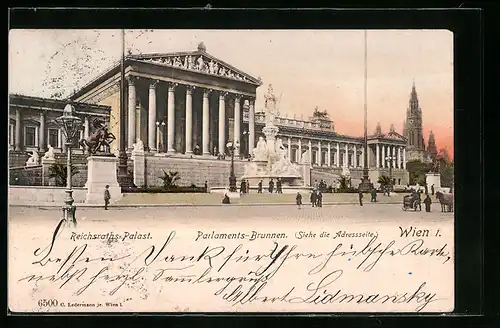 AK Wien, Reichsraths-Palast mit Parlaments-Brunnen