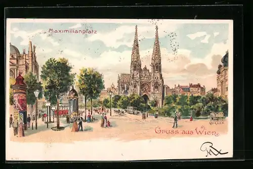 Künstler-AK Richard Hegedüs-Geiger: Wien, Maximiliansplatz mit Kirche und Passanten