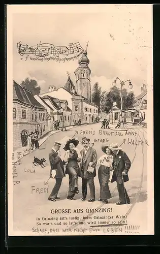 Wirtshaus-AK Wien, Grinzing, Betrunkene vor dem Wirtshaus