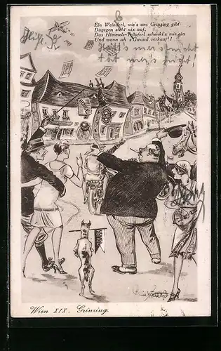 Wirtshaus-AK Wien, Grinzing, Betrunkene feiern das Heuriger Karl Hengl's