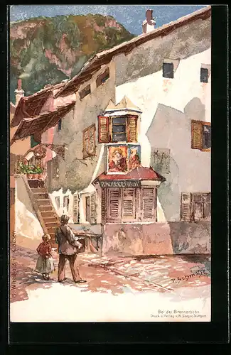 Künstler-AK P. Schmohl: Brennerbahn, Vater mit Tochter vor einem Gebäude stehend