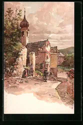 Künstler-AK P. Schmohl: Elsackthal, Anwohner vor der Kapelle