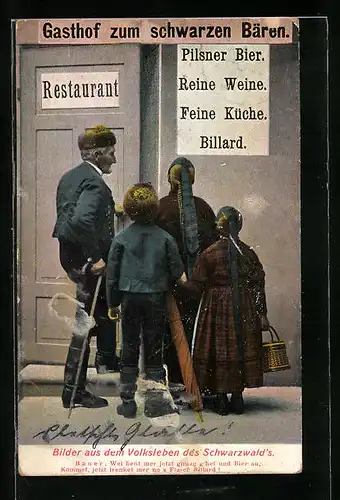 AK Bauer mit Familie in Tracht vor dem Gasthof zum schwarzen Bären stehend