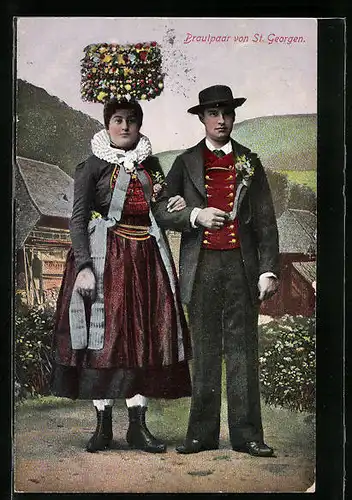 AK Brautpaar von St. Georgen in Schwarzwälder Tracht