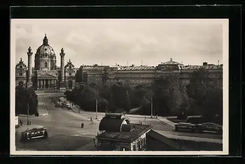 AK Wien, Strassenbahnverkehr auf dem Karlsplatz