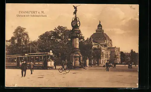 AK Frankfurt / Main, Uhrturm mit Schauspielhaus und Strassenbahn