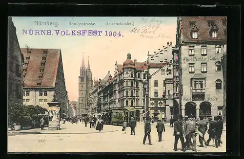 AK Nürnberg, Königsstrasse mit Lorenzkirche und Strassenbahn