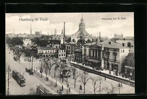 AK Hamburg-St. Pauli, Panorama mit Strassenbahnen