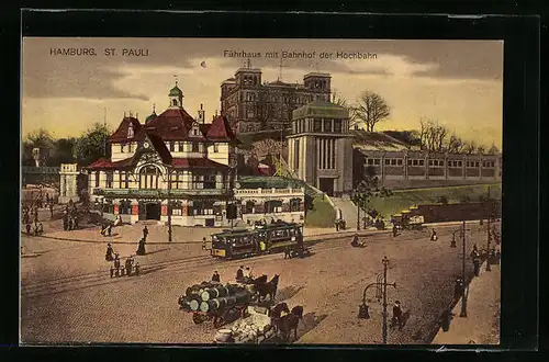 AK Hamburg-St. Pauli, Strassenbahnverkehr vor dem Fährhaus