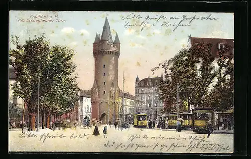 AK Frankfurt a. M., Strassenbahnen vor dem Eschenheimer Turm