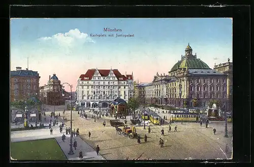 AK München, Karlsplatz mit Strassenbahnen