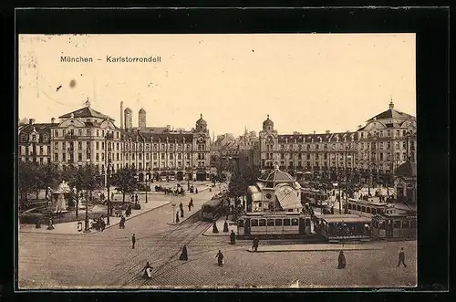 AK München, Karlstorrondell mit Strassenbahnverkehr