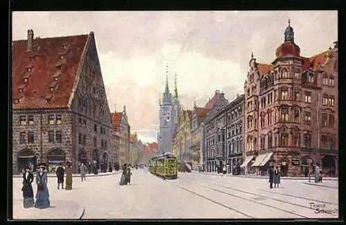Künstler-AK Nürnberg, Strassenbahnverkehr in der Königsstrasse